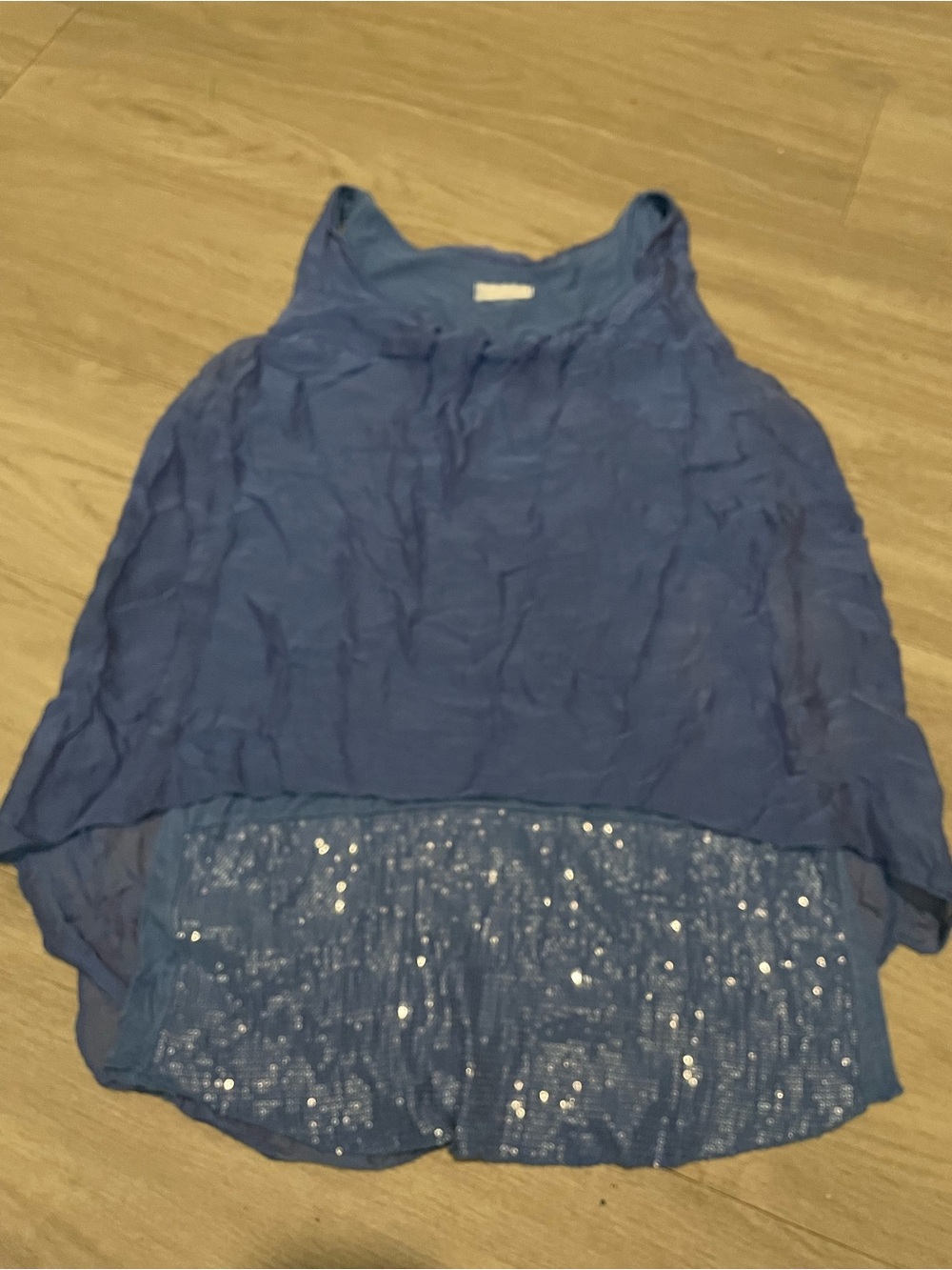 Blue Sleeveless Layered Sequin-Hem Blouse